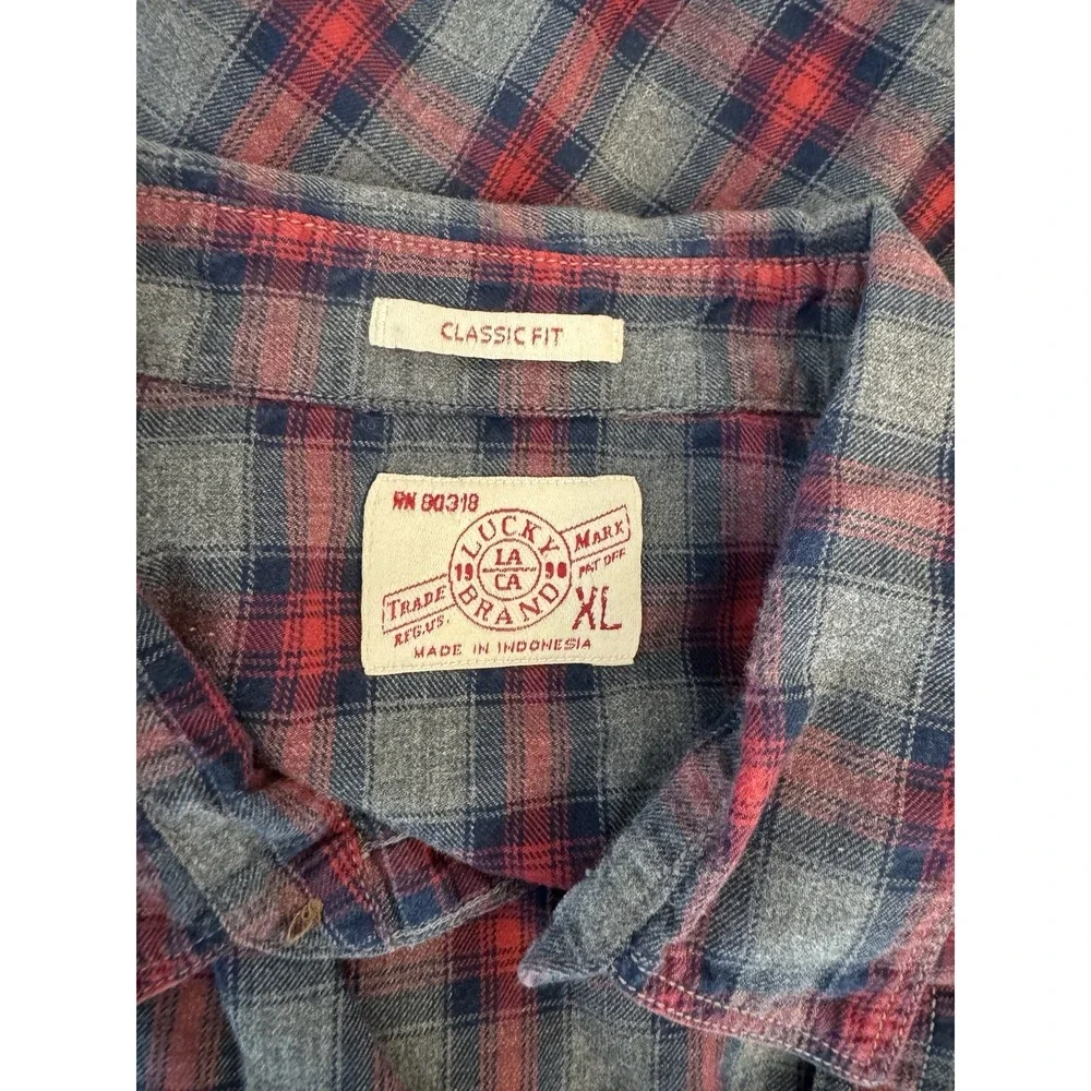 Lucky Brand Shirt XL Gray Red Plaid Pearl Snap Western Cowboy Flannel Button‎ Up